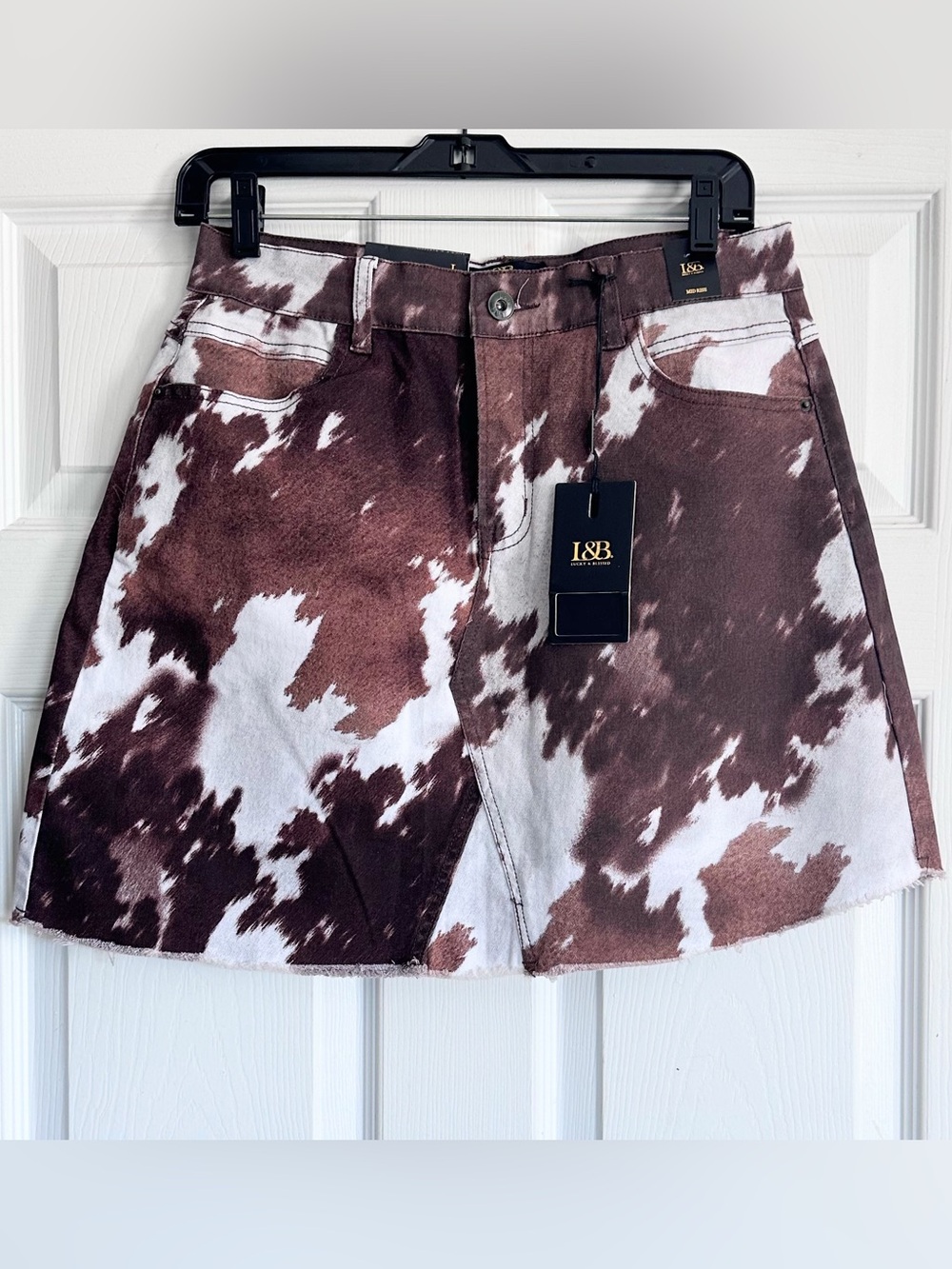 NWT Lucky & Blessed Cow Animal Print Denim-style Mini Skirt Large